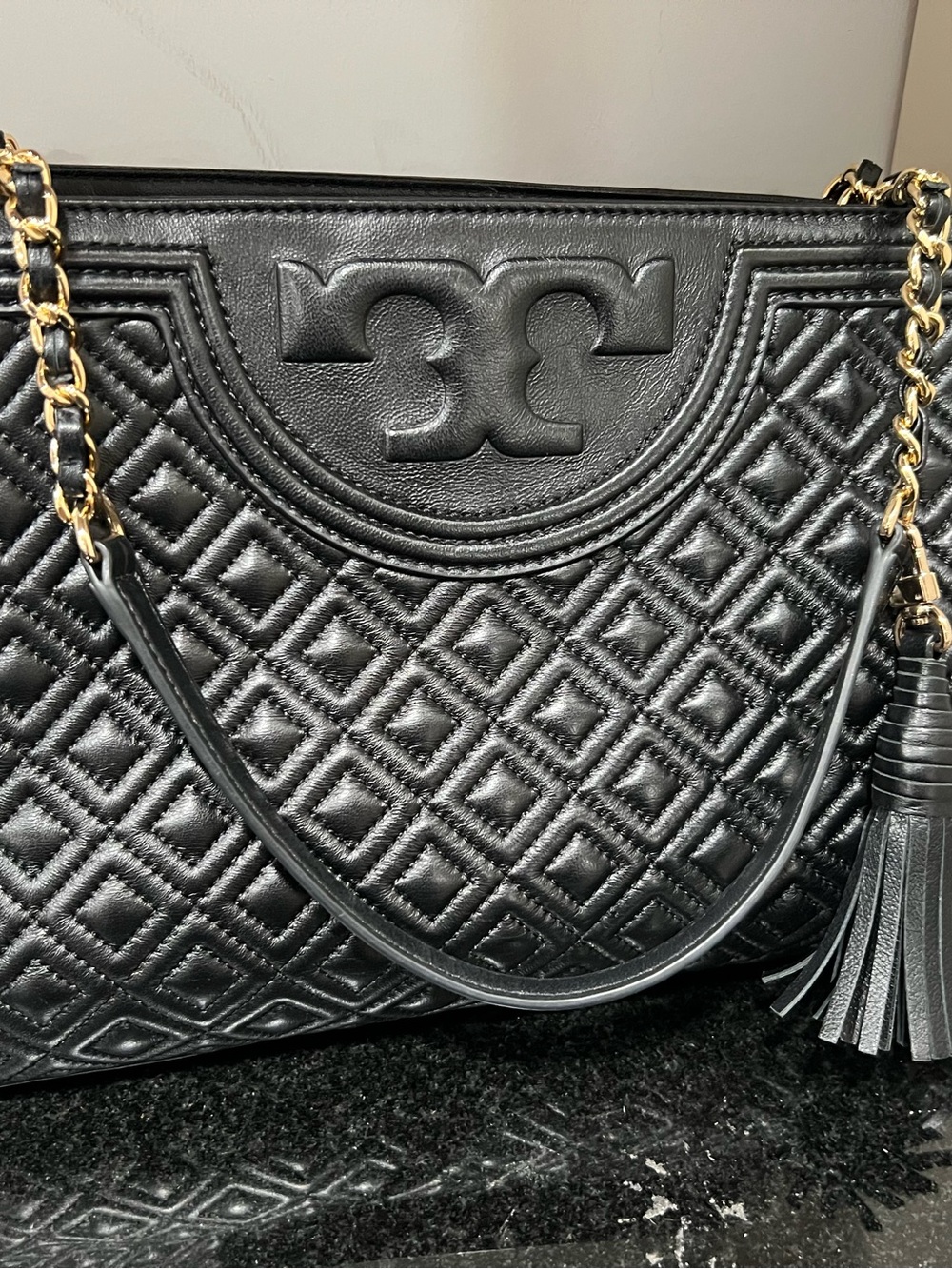 Tory Burch Black Quilted Tote with Gold Chain Strap